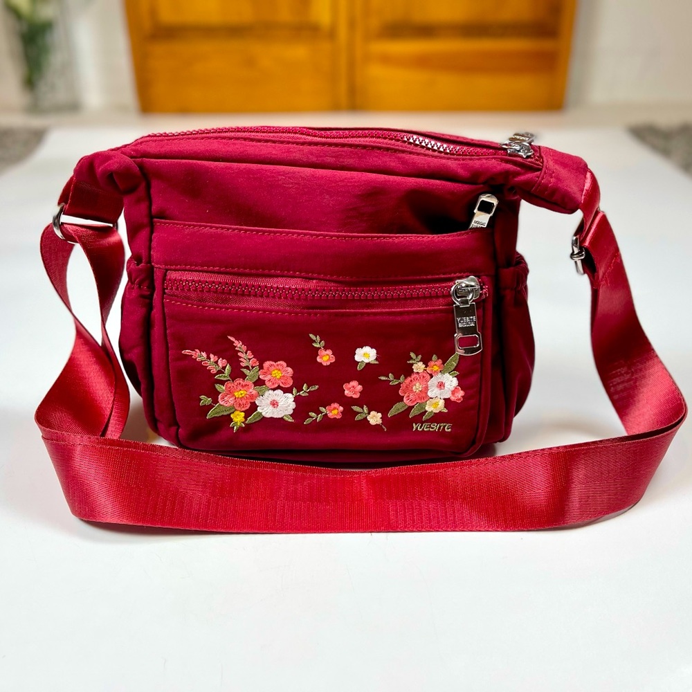 Yuesite Floral Embroidered Crossbody Shoulder Bag Nylon Maroon Boho ROOMY! NWOT